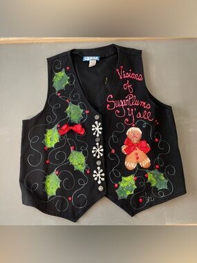 RSVP Black Holiday Gingerbread Vest with Green Holly & Red Accents